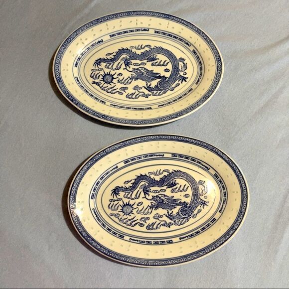 Set of 2 Chinese Dragon Print Oval Small Platters - Picture 2 of 10